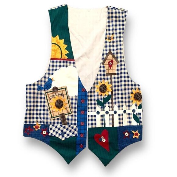Vintage Handmade Vest Blue White Gingham Checks Sunflower Buttons Open Front - Picture 1 of 14